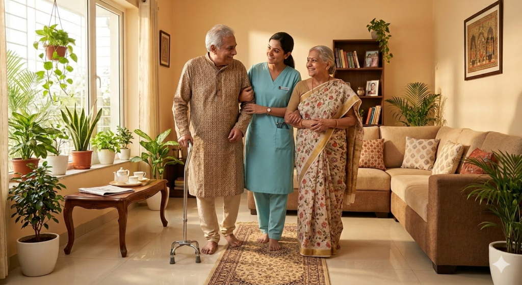 elderly care at home with caregiver assisting senior couple in Jaipur
